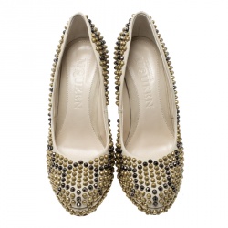 Pre Owned Alexander McQueen Beige Hexagon Stud Embellished Leather Platform Pumps Size 37