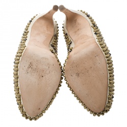 Pre Owned Alexander McQueen Beige Hexagon Stud Embellished Leather Platform Pumps Size 37