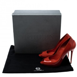 Pre Owned Alexander McQueen Red Patent Leather Peep Toe Pumps Size 37.5