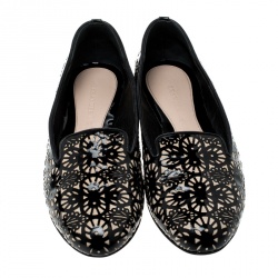 Pre Owned Alexander McQueen Two Tone Laser Cut Patent Leather and Suede Smoking Slippers Size 39