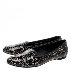 Pre Owned Alexander McQueen Two Tone Laser Cut Patent Leather and Suede Smoking Slippers Size 39