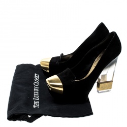 Pre Owned Alexander McQueen Black Suede Plexi Heel Platform Pumps Size 38.5