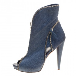 Pre Owned Alexander McQueen Blue Textured Leather Zip Detail Peep Toe Ankle Boots Size 38 