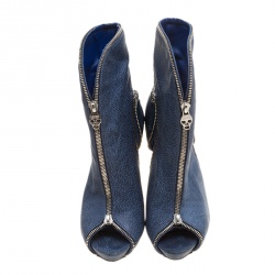 Pre Owned Alexander McQueen Blue Textured Leather Zip Detail Peep Toe Ankle Boots Size 38 
