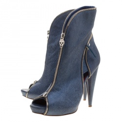 Pre Owned Alexander McQueen Blue Textured Leather Zip Detail Peep Toe Ankle Boots Size 38 