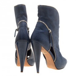 Pre Owned Alexander McQueen Blue Textured Leather Zip Detail Peep Toe Ankle Boots Size 38 