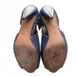 Pre Owned Alexander McQueen Blue Textured Leather Zip Detail Peep Toe Ankle Boots Size 38 