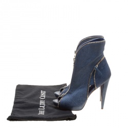 Pre Owned Alexander McQueen Blue Textured Leather Zip Detail Peep Toe Ankle Boots Size 38 