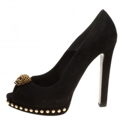 Pre Owned Alexander McQueen Black Suede Crystal Embellished Skull Peep Toe Platform Pumps Size 39