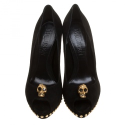 Pre Owned Alexander McQueen Black Suede Crystal Embellished Skull Peep Toe Platform Pumps Size 39
