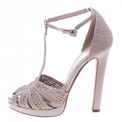 Pre Owned Alexander McQueen Pink Woven Leather T-Bar Ankle Strap Platform Sandals Size 36