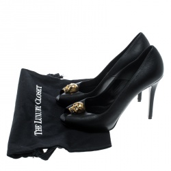 Alexander McQueen Black Leather Crystal Embellished Skull Detail Peep Toe Platform Pumps Size 38.5