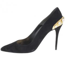 Pre Owned Alexander McQueen Black Suede Gold Trimmed Faux Pearl Pumps Size 41