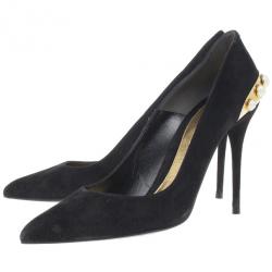 Pre Owned Alexander McQueen Black Suede Gold Trimmed Faux Pearl Pumps Size 41