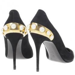 Pre Owned Alexander McQueen Black Suede Gold Trimmed Faux Pearl Pumps Size 41