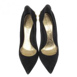 Pre Owned Alexander McQueen Black Suede Gold Trimmed Faux Pearl Pumps Size 41