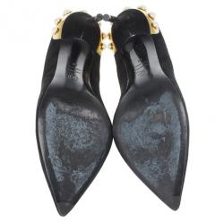 Pre Owned Alexander McQueen Black Suede Gold Trimmed Faux Pearl Pumps Size 41