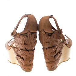Pre Owned Alexander McQueen Tan 3D Flower T-Strap Wedge Sandals Size 40