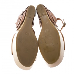 Pre Owned Alexander McQueen Tan 3D Flower T-Strap Wedge Sandals Size 40