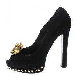 Pre Owned Alexander McQueen Black Suede Skull Embellished Peep Toe Pumps Size 36