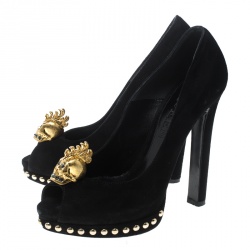 Pre Owned Alexander McQueen Black Suede Skull Embellished Peep Toe Pumps Size 36