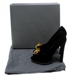 Pre Owned Alexander McQueen Black Suede Skull Embellished Peep Toe Pumps Size 36