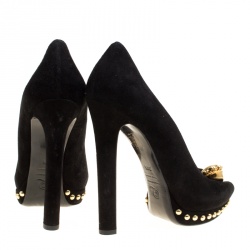 Pre Owned Alexander McQueen Black Suede Crystal Embellished Skull Peep Toe Platform Pumps Size 38.5