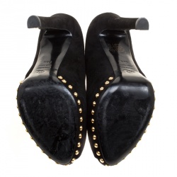 Pre Owned Alexander McQueen Black Suede Crystal Embellished Skull Peep Toe Platform Pumps Size 38.5