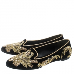 Pre Owned Alexander McQueen Black Velvet Embroidered Smoking Slippers Size 38.5