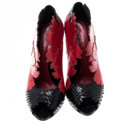 Pre Owned Alexander McQueen Red/Black Python and Leather Kimono Flower Peep Toe Booties Size 39
