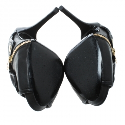 Pre Owned Alexander McQueen Black Leather Dredge Peep Toe Platform Mule Sandals Size 37.5