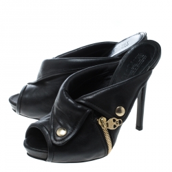 Pre Owned Alexander McQueen Black Leather Dredge Peep Toe Platform Mule Sandals Size 37.5