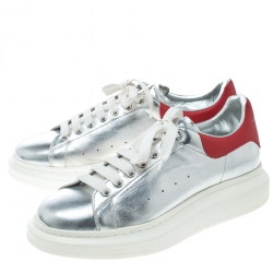Pre Owned Alexander McQueen Silver/Red Leather Classic Larry Platform Lace Up Sneakers Size 45