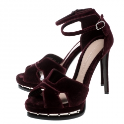 Pre Owned Alexander McQueen Burgundy Velvet Butterfly Platform Ankle Strap Sandals Size 40