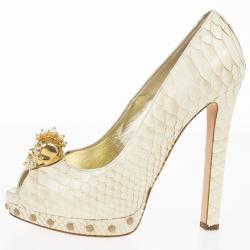 Pre Owned Alexander McQueen Python Pearl Skull Studded Peep Toe Pumps Size 39