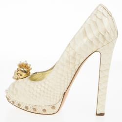 Pre Owned Alexander McQueen Python Pearl Skull Studded Peep Toe Pumps Size 39