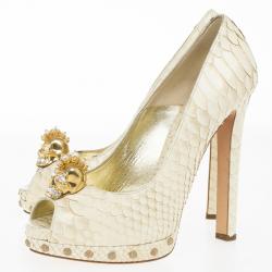Pre Owned Alexander McQueen Python Pearl Skull Studded Peep Toe Pumps Size 39