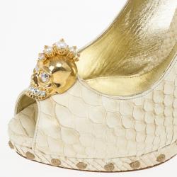 Pre Owned Alexander McQueen Python Pearl Skull Studded Peep Toe Pumps Size 39