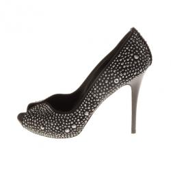 Pre Owned Alexander McQueen Black Satin Studded Open Toe Pumps Size 39.5