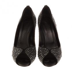 Pre Owned Alexander McQueen Black Satin Studded Open Toe Pumps Size 39.5