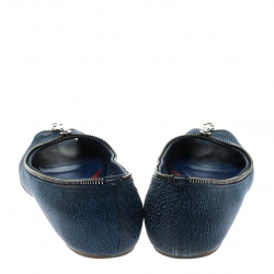 Pre Owned Alexander McQueen Blue Textured Leather Skull Zip Detail Peep Toe Ballet Flats Size 38