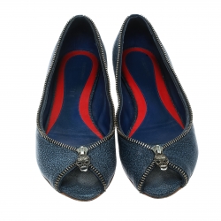 Pre Owned Alexander McQueen Blue Textured Leather Skull Zip Detail Peep Toe Ballet Flats Size 38