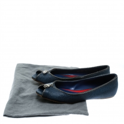 Pre Owned Alexander McQueen Blue Textured Leather Skull Zip Detail Peep Toe Ballet Flats Size 38
