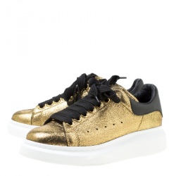 Pre Owned Alexander McQueen Gold/Black Leather Classic Larry Platform Lace Up Sneakers Size 37