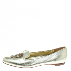 Pre Owned Alexander McQueen Gold Leather Sequin Skull Ballet Loafer Flats Size 39