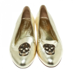 Pre Owned Alexander McQueen Gold Leather Sequin Skull Ballet Loafer Flats Size 39