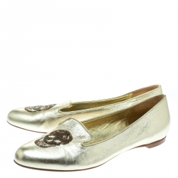 Pre Owned Alexander McQueen Gold Leather Sequin Skull Ballet Loafer Flats Size 39