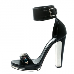 Pre Owned Alexander McQueen Black Embroidered Leather Ankle Strap Platform Sandals Size 38