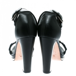 Pre Owned Alexander McQueen Black Embroidered Leather Ankle Strap Platform Sandals Size 38