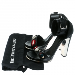 Pre Owned Alexander McQueen Black Embroidered Leather Ankle Strap Platform Sandals Size 38